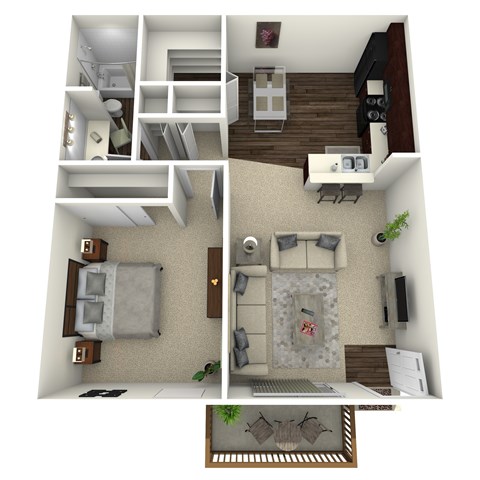 A 3D rendered image of a small apartment with a bedroom, living room, and kitchen.